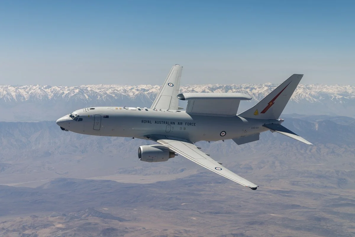 A Royal Australian Air Force E-7A Wedgetail airborne early-warning aircraft in flight.