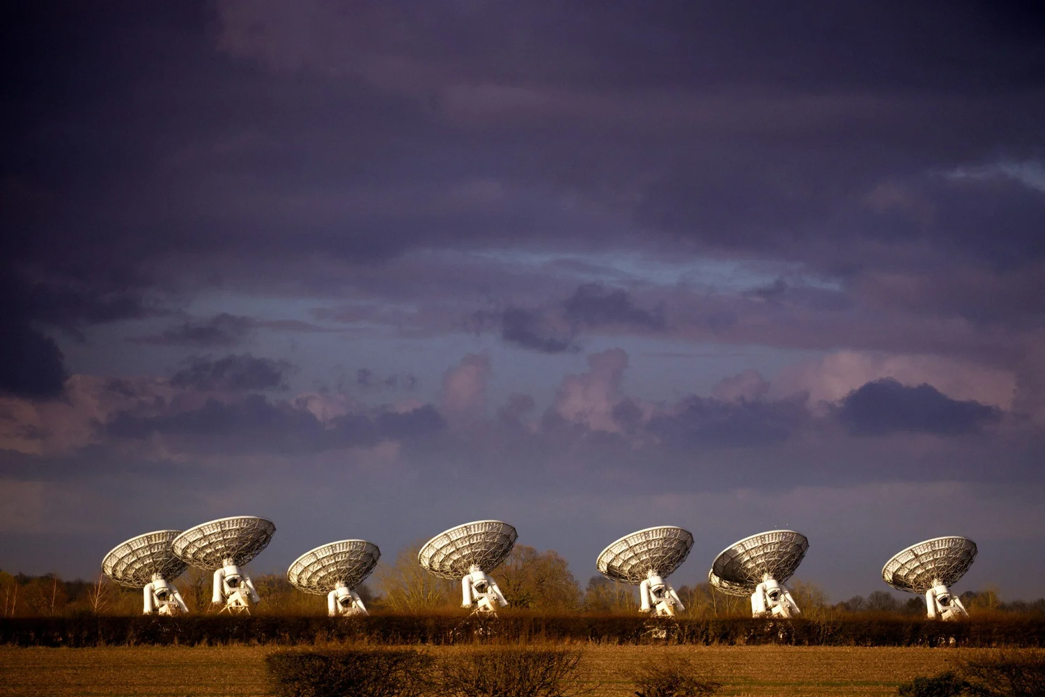 A row of satellite ground-station dish antennas under a dusk sky.
