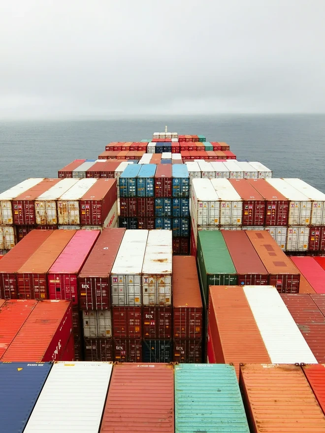 The view forward from a container ship’s bridge, deck stacked with containers, underway on open sea.